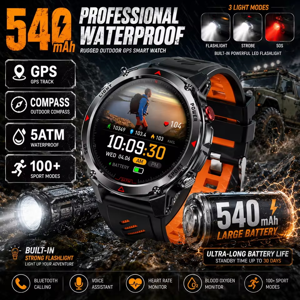 Altimeter Compass Watch - Smartwatch Militare GPS 540mAh, Impermeabile 3ATM,